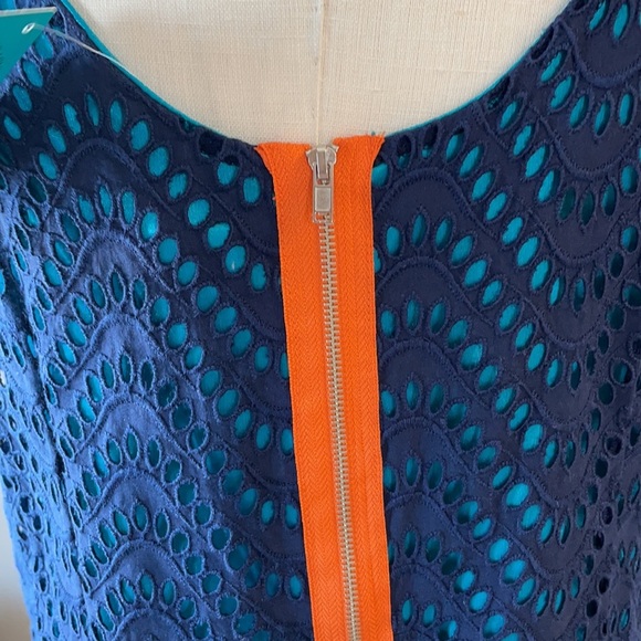 NWT TRACY NEGOSHIAN women’s sleeveless EYELET dress blue over turquoise lining L - Picture 3 of 14